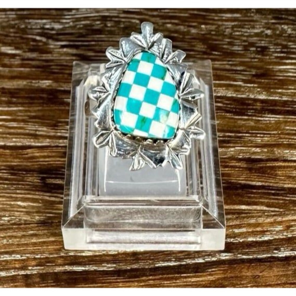 Native Southwest Sterling Silver Turquoise Checkerboard Ring Sz 6.25